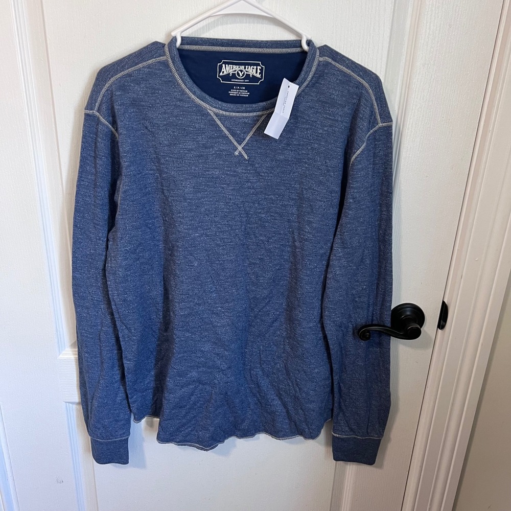 American Eagle Men Small Blue Heathered Crewneck Long Sleeve Shirt 017-2171-2600